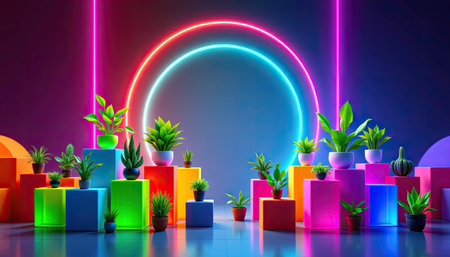 This vibrant image features a creative arrangement of indoor plants in colorful pots, illuminated by dazzling neon lights, creating a modern atmosphere.の素材