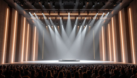 A dramatic empty stage awaits performances, highlighted by stunning lighting and a captivated audience. Perfect for themes of anticipation and creativity.の素材