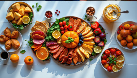 A vibrant assortment of fresh fruits and snacks presented on a white table, ideal for gatherings or special occasions. Perfect for any celebration.の素材