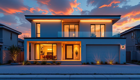 A stunning view of a modern luxury house highlighted by warm lighting and a vibrant sunset. The architectural design showcases elegance with large windows.の素材