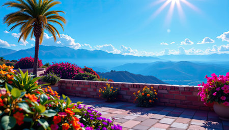 Enjoy a stunning panoramic view from a balcony adorned with colorful flowers and lush greenery, highlighting the beauty of mountains under a sunny sky.の素材