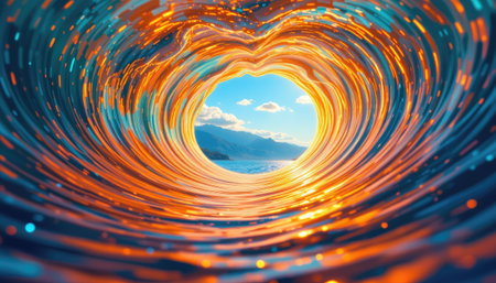 A stunning view of a vibrant ocean wave captured from within, featuring swirling patterns and a clear blue sky that evokes feelings of serenity and adventure.の素材