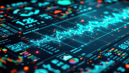A detailed and vibrant depiction of data visualization on a futuristic digital screen, featuring charts, graphs, and statistics that illustrate analytical insights.の素材