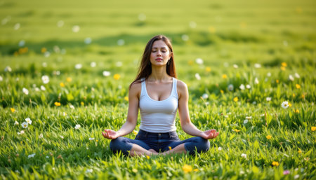 A young woman sits cross-legged in a vibrant green field, practicing meditation amid colorful flowers. The scene evokes peace, health, and connection to nature.の素材