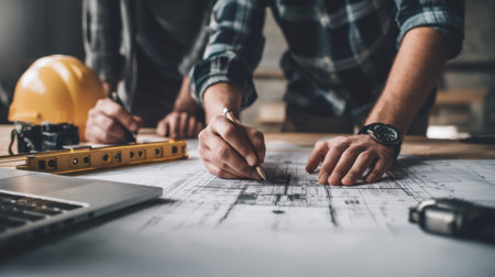 Two construction workers focus on detailed architectural plans in a modern workspace. Tools and a laptop are present, showcasing teamwork and precision in project planning.の素材