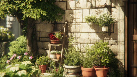 This beautiful garden scene features vibrant flowers and lush greenery against a rustic stone wall, offering inspiration for peaceful outdoor living and decor ideas.の素材