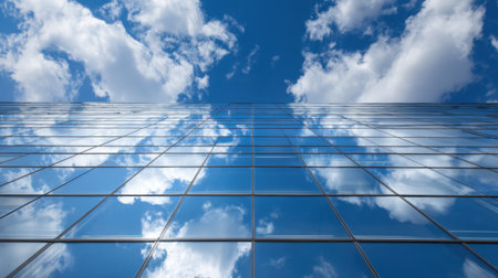 Stunning image showcasing a modern glass building reflecting a vibrant blue sky with white clouds. This captivating architectural shot emphasizes urban beauty and design.の素材