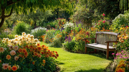 A picturesque garden pathway adorned with a variety of vibrant flowers and a charming wooden bench invites relaxation and enjoyment of natureの素材