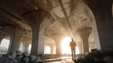 A construction worker in a safety vest stands under a large bridge, observing the intricate pillars and natural sunlight streaming through, symbolizing progress and development.の素材