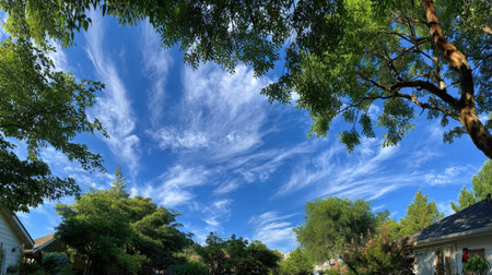 A stunning blue sky adorned with wispy clouds stretches over a lush green tree canopy, creating a serene atmosphere in a residential area that showcases vibrant nature.の素材