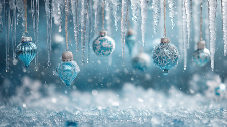 Beautiful frosty winter ornaments hang delicately amidst shimmering icicles, creating a striking blue scene ideal for winter celebrations, holiday decorations, and seasonal charm.の素材