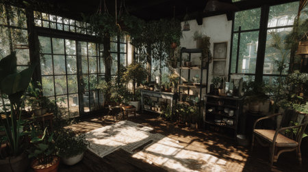 This indoor botanical setting captures the beauty of greenery and light, showcasing lush plants and warm wood decor for a tranquil, inviting atmosphere.の素材