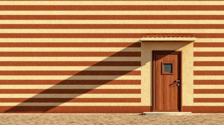This image showcases a striking striped wall with a wooden door casting a distinct shadow. The simple yet appealing design emphasizes texture and modern architecture.の素材