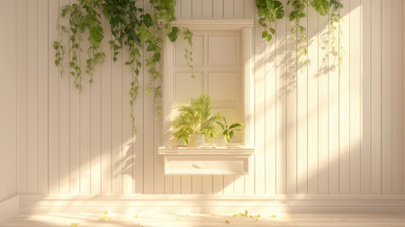 A soothing interior scene featuring a white window frame adorned with vibrant greenery, offering a peaceful retreat filled with natural light and charm.の素材