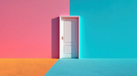 A striking doorway stands out against vivid pink, blue, and orange walls, creating a captivating geometric design perfect for modern and artistic inspirations.の素材