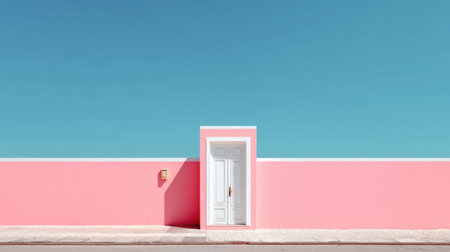 A vibrant pink wall features a contrasting white door, set against a bright blue sky, creating a striking visual perfect for modern and minimalist design themes.の素材