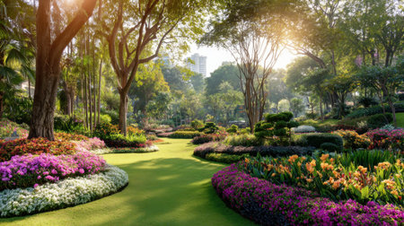 A picturesque garden path showcases a vibrant array of flowers and lush trees, illuminated by warm sunlight, inviting visitors to experience natural beauty and tranquility.の素材