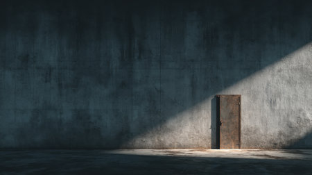 A solitary weathered door stands in a dark concrete room, illuminated by soft light, creating a cinematic atmosphere. This image serves as a perfect backdrop for storytelling or art.の素材