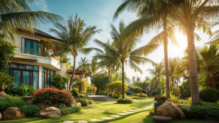 A tranquil tropical garden featuring lush palm trees, vibrant flowers, and a serene pathway. Enjoy the beauty of nature in this idyllic outdoor setting filled with sunlight.の素材