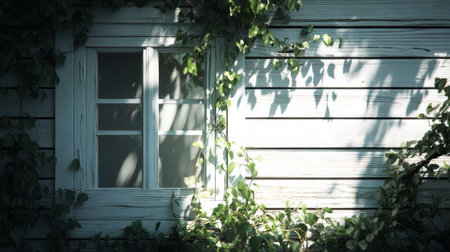 A serene window framed by vibrant ivy on a weathered wooden wall creates a tranquil scene filled with natural beauty and soft sunlight, inviting calmness.の素材
