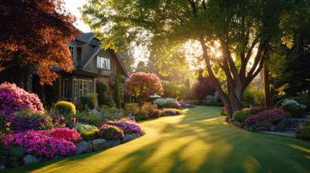 A serene suburban garden showcases various colorful flowers in full bloom under bright sunlight. A charming house and lush greenery complement this picturesque setting.の素材