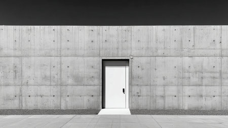 A striking minimalist composition featuring a solid concrete wall and a single white door. The clear sky and geometric lines create a serene and modern aesthetic.の素材