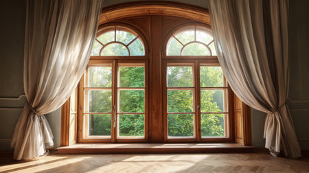 A beautiful wooden window with draped curtains offers a stunning view of lush greenery, filling the room with natural light in a serene and elegant setting.の素材