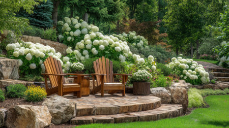 A picturesque outdoor seating area featuring rustic wooden chairs surrounded by flourishing hydrangeas, creating a serene space for relaxation in a lush garden setting.の素材