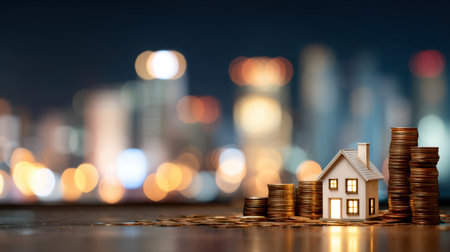 A captivating scene featuring a small house surrounded by coins, set against a blurred city skyline at night, representing the essence of real estate investment and financial success.の素材