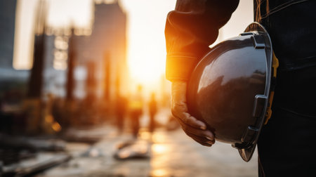 A construction worker stands against the glowing sunset, holding a safety helmet. This image symbolizes dedication and safety within the construction industry.の素材