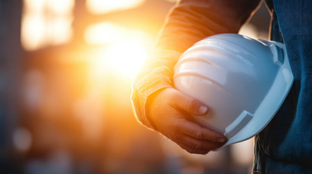A construction worker holds a white hard hat while enjoying the sunset at a building site, capturing the essence of safety, dedication, and the construction industry.の素材