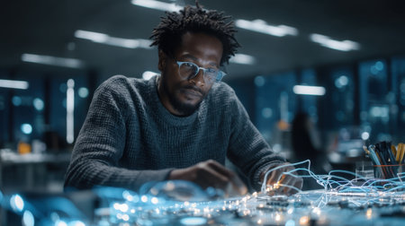 A focused male engineer engages in an innovative project in a modern office. Electronic components and warm light create an inspiring workspace atmosphere for creativity.の素材