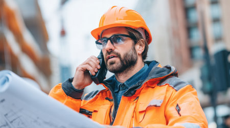 A focused construction worker in vibrant safety gear and hard hat is engaged in a phone conversation while holding blueprints at an urban worksite.の素材