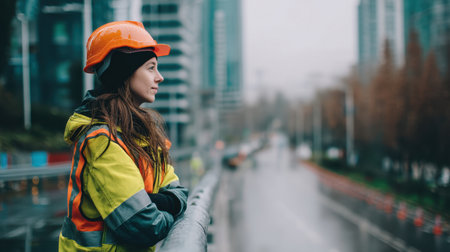 A thoughtful construction worker in safety gear gazes at the rainy cityscape, exemplifying focus and dedication amidst urban challenges. Ideal for themes of empowerment and professionalism.の素材