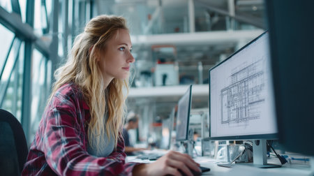 A young woman focuses on her computer screen in a modern office, engaged in an architectural project. The bright workspace features large windows and technical drawings.の素材