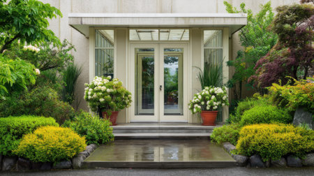 This serene garden entrance features a beautiful combination of greenery and floral arrangements, creating a tranquil outdoor space that invites relaxation and enjoyment.の素材