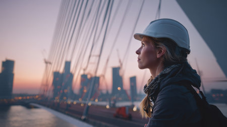 A determined woman in a hard hat gazes at the city skyline during a stunning sunset. This image showcases her commitment to the construction and engineering industry.の素材