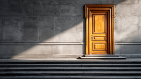 A striking wooden door set against a smooth concrete wall, enhanced by gentle shadows and light. This image captures an inviting architectural moment, perfect for modern design themes.の素材