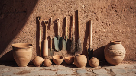 This image captures a collection of handmade clay pots and traditional craft tools displayed against a rustic wall, showcasing artistry and cultural heritage in a warm light.の素材