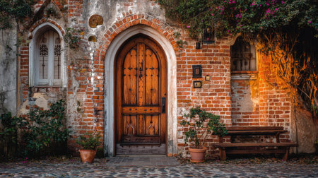Captivating image of a rustic wooden doorway framed by vintage brickwork and vibrant greenery, radiating charm and inviting warmth in a tranquil village scene.の素材