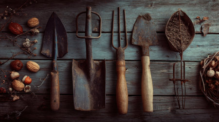 A collection of vintage gardening tools arranged artfully on a rustic wooden surface, complemented by natural elements, ideal for gardening themes and seasonal decoration.の素材