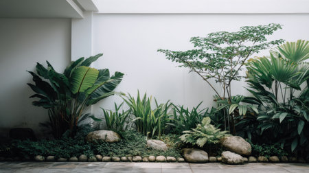 Discover a beautiful indoor garden showcasing a variety of lush plants and natural stones, perfect for enhancing a modern space with tranquility and aesthetic charm.の素材
