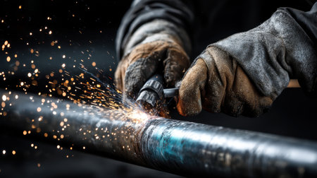 A skilled worker engages in welding a metal pipe, producing vibrant sparks. The image showcases craftsmanship and the intensity of industrial work in a workshop environment.の素材