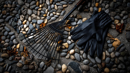 A pair of black gardening gloves and a metal rake laid over a bed of smooth pebbles, with scattered autumn leaves creating a perfect scene for garden projects.の素材