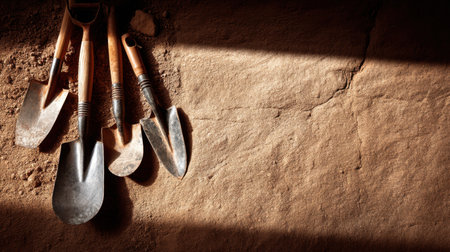 This image captures vintage garden tools resting on rich brown soil, creating a rustic atmosphere ideal for gardening enthusiasts and landscaping projects.の素材