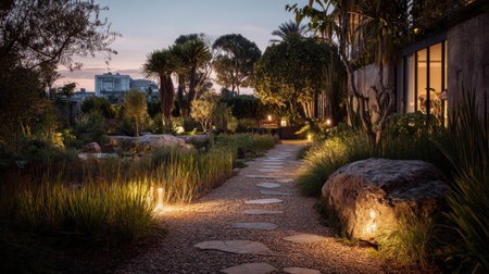 A tranquil evening stroll along a beautifully landscaped garden path, illuminated by gentle lighting, showcases the serene ambiance of nature at twilight.の素材