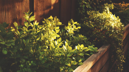 Bright green foliage flourishes in sunlit wooden planters, inviting a sense of calm and serenity in an outdoor setting, perfect for gardening enthusiasts and nature lovers.の素材