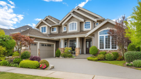 This image showcases a stunning suburban home featuring elegant architecture, lush landscaping, and a welcoming entrance, set against a bright blue sky.の素材