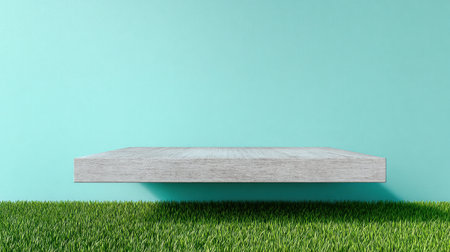 This image features a floating wooden platform set against a vibrant turquoise wall, surrounded by lush green grass. The minimalist design evokes tranquility and creativity.の素材