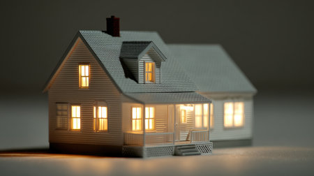 A beautifully crafted miniature model house features softly glowing windows, capturing the essence of a warm and inviting home atmosphere. Perfect for decor inspiration.の素材